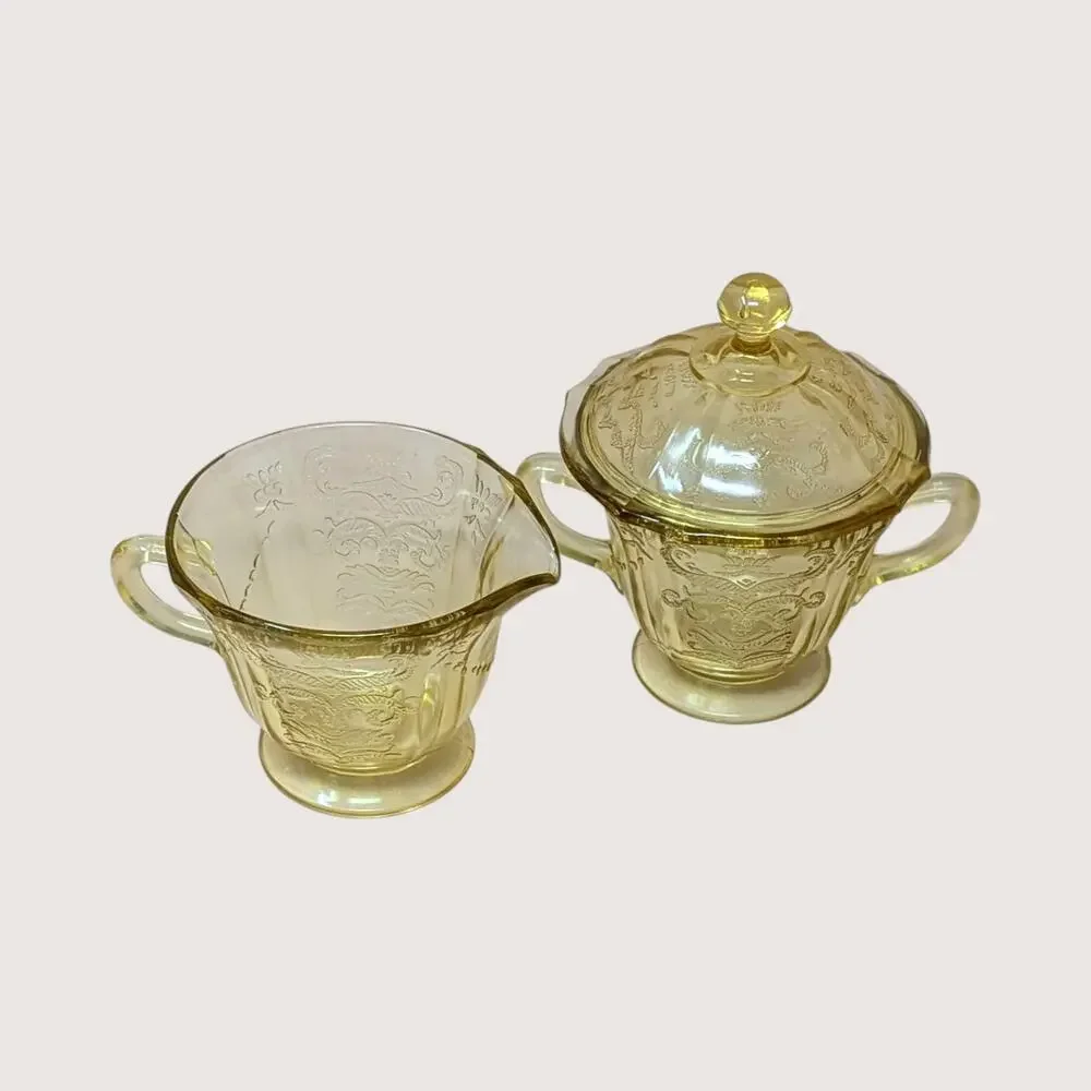1930s Federal Glass Amber Madrid Creamer and Sugar Bowl